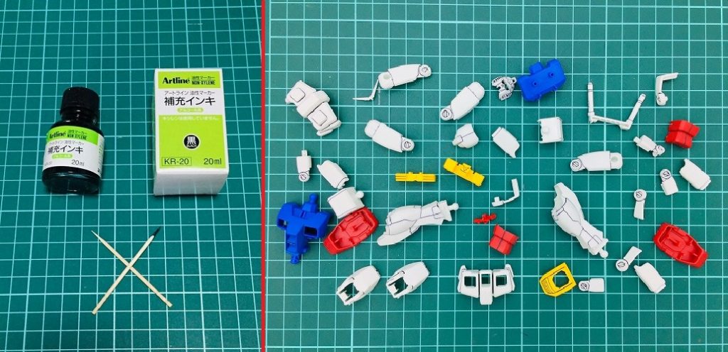 私の製作工程は塗装前にスミ入れを行っています。スジ彫り後、上図の油性マーカー補充インキを爪楊枝の先端を削って筆代わりにしてスミ入れを行っています。スミ入れ後、デザインナイフでパーツにカンナ掛けを行いスミ入れラインを整えています。塗装工程