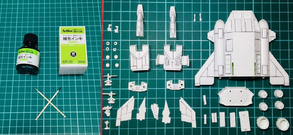 私の製作工程は塗装前にスミ入れを行っています。スジ彫り後、上図の油性マーカー補充インキを爪楊枝の先端を削って筆代わりにしてスミ入れを行っています。スミ入れ後、デザインナイフでパーツにカンナ掛けを行いスミ入れラインを整えています。塗装工程