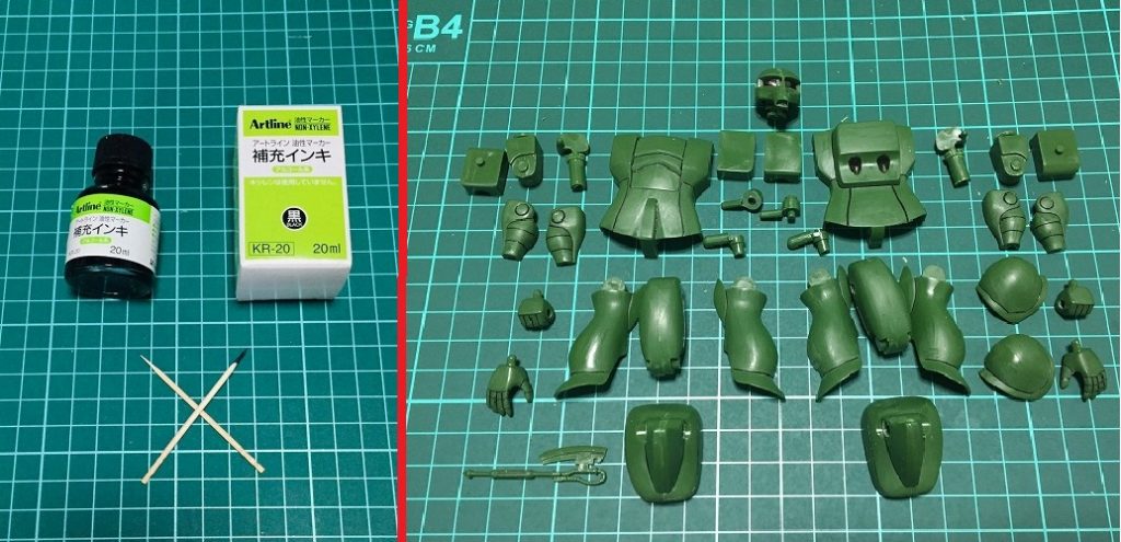 私の製作工程は塗装前にスミ入れを行っています。スジ彫り後、上図の油性マーカー補充インキを爪楊枝の先端を削って筆代わりにしてスミ入れを行っています。スミ入れ後、デザインナイフでパーツにカンナ掛けを行いスミ入れラインを整えています。塗装工程