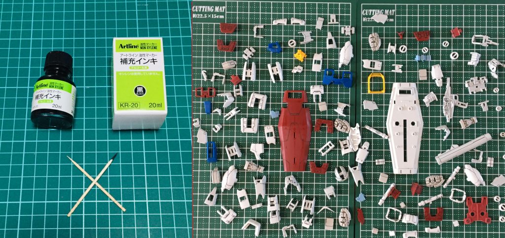 私の製作工程は塗装前にスミ入れを行っています。スジ彫り後、上図の油性マーカー補充インキを爪楊枝の先端を削って筆代わりにしてスミ入れを行っています。スミ入れ後、デザインナイフでパーツにカンナ掛けを行いスミ入れラインを整えています。塗装工程