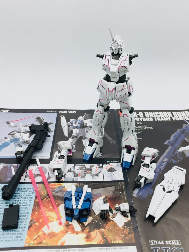 塗装が完成したパーツを組み立てて完成です。ブログに詳細を記載していますので見ていただければ幸いです！クリック≫HG 1/144 ユニコーンガンダム [ユニコーンモード] 完成≪クリック