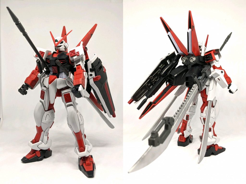 「ストライクガンダムが運用していたグランドスラムを再設計し軽量化かつ強度を更に高めたグランドスラムR（リブート）を装備させ近接戦向けにセッティングされたM1アストレイ、格闘戦を想定したカスタマイズを施され出力も向上してあるもその分、活動可能時間が低下しており長時間の戦闘には不向きな機体となってしまっている。」一部箇所に追加装甲を貼り付け、他キットの大剣を装備させました、アンバランスな見た目ですが割としっかり立たせることができます。