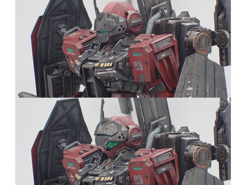 頭部のバイザーは近接戦闘時に於いてメインカメラの破壊を防ぐために搭載されている。バイザーは機体の印象にかなり影響があるので、カッコいい造形にするまでになんども作り直しました。