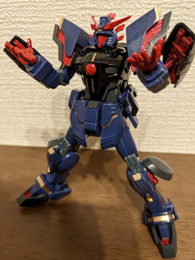 シェイディングガンダム・スーパーモードアンテナやたてがみ、各種装甲が開いた中身をメタルレッドで塗装しました。ＤＧ細胞で強化ということで手のひらは常時シェイディングフィンガーとなっております。スーパーモードだけどまがまがしさを少しでも表現できたかな～と思います。 作成イメージはユニコーンのＮＴ－Ｄです。この場合はＮＴ－Ｄ（ニュータイプデストロイヤー）ではなくＭＦ－Ｄ（モビルファイターデストロイヤー）と言ったほうが正確かもしれませんが(笑)