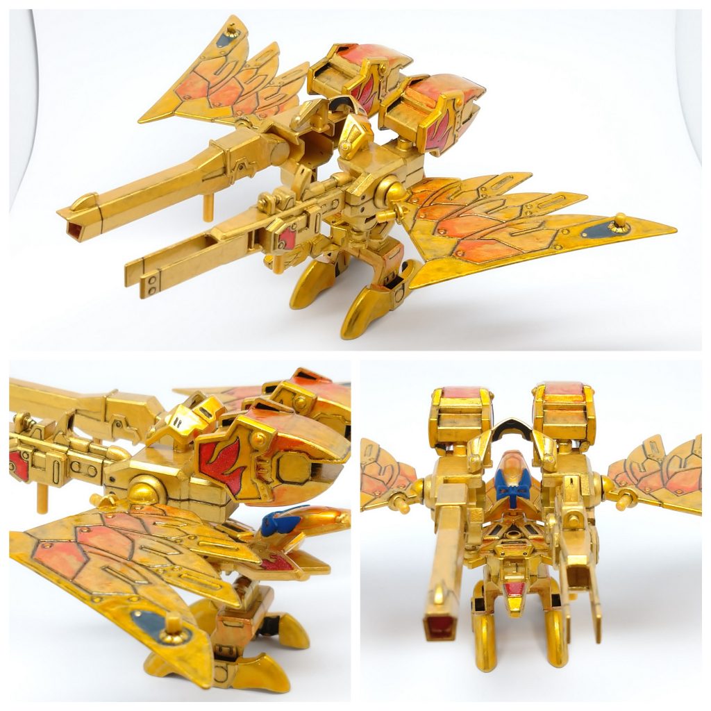 鉄鋼迦楼羅(メタルガルーダ)今回力を入れた所です。下地=黒基本=ゴールド(ファレホのモデルカラー)上からクリアイエローとクリアレッドを使用。クリア系はアクリジョン。一部はグラデーションになるようにクリアイエローとレッドを混ぜながら塗装。仕上げはグロスバーニッシュ。