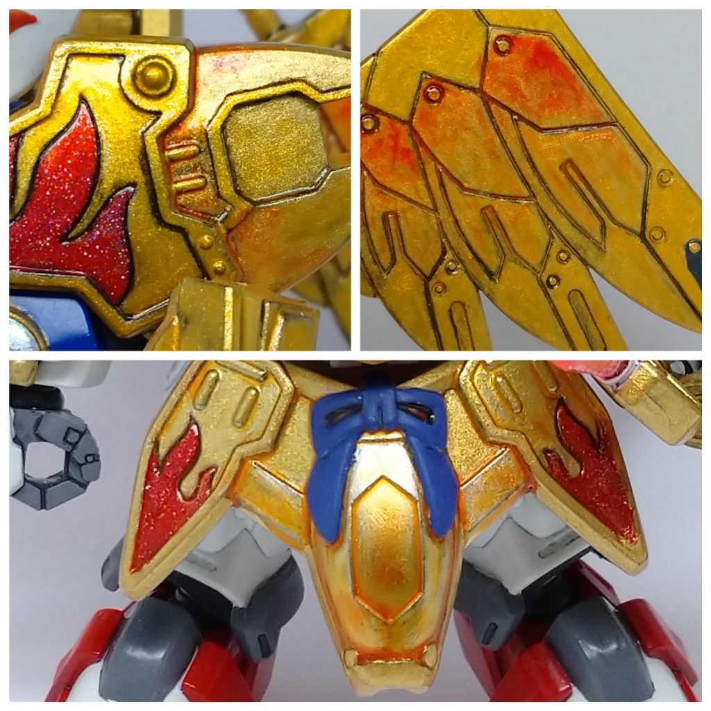 最初はクリアイエローの上塗りに失敗し、塗り直しすることに。(大量に溝等へ流れてしまった。)赤部はクリアレッドに100均のユニコーンネイルを混ぜて、キラキラさせました。