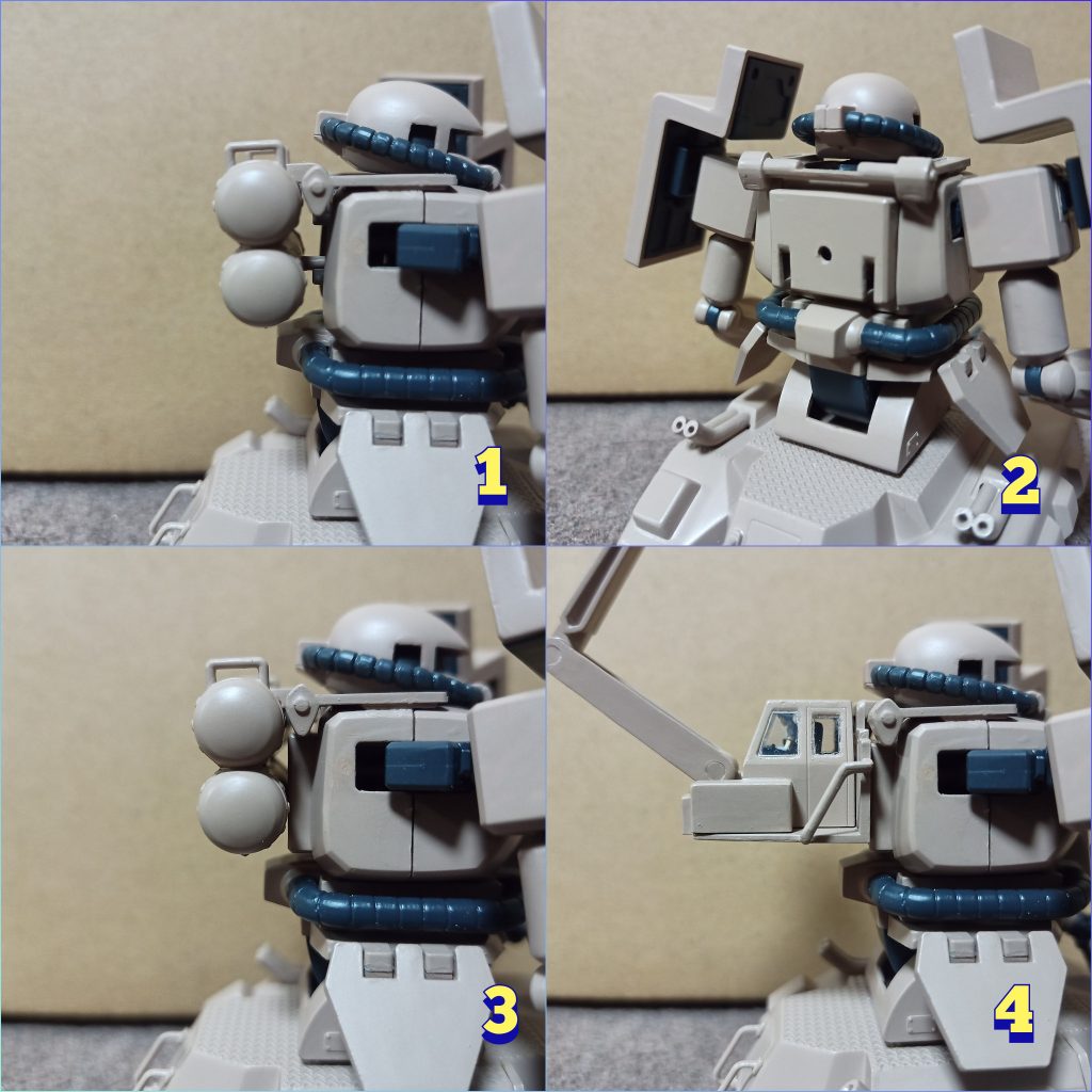 本体とバックパックにできる隙間が嫌だったので(写真1)ジャンクパーツから隙間埋め用パーツを作り(写真2)、ピタッとフィットしてる感じにしました(写真3,4)作ったパーツの穴や溝はそれぞれのバックパックの突起をギチギチに嵌める目的ではなく干渉回避の為ですが、バックパックが横移動しなくなるので結果的に外れにくさが若干向上しました