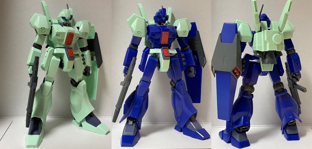 「左」のようにノーマルのジェガンとして組むこともできます。「中」と「右」は余剰パーツをすべて使った状態。御覧の通り、残念ながら真っ青なジェガンにすることはできません。。。ノーマルジェガンに、300円（＋税）で余剰パーツがたくさん付いてくる、といったところでしょうか。