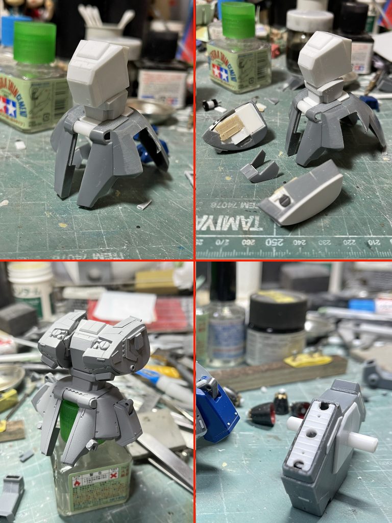 これまた知人から託されたキットの制作となります。今回のお題はザクⅢ。しかも旧キット…。真面目な旧キット改修制作なんてしたことないので、経験値積むぐらいの気持ちで徹底的にやってみます。 先ずは素組みし、あまりの出来に数日悩む。発売された1986年当時はこれで良かったんだろうけど、令和の時代にこれはちとキツイ。とりあえず出来る限り小さな塊単位にパーツを切り刻み、スクラッチパーツに置き換えていく感じにしました。 胴体はプラ板ハコ組で制作して全とっかえ。左右の胸パーツは独立させて、八の字になるよう外側を切り飛ばし。コクピットブロックを挟むようにします。 スカート部分は彫り込んで別体感を出しつつ、ジャンクパーツでサイドアーマーを大型化。 腰のパーツは前後のバーニアノズルを大型化するため、蓋をしてそれらしくディテールをいれてあります。全身至る所にスジ彫り&プラ板チップのディテールアップ工作を施してありますが、説明過多になるので省略。