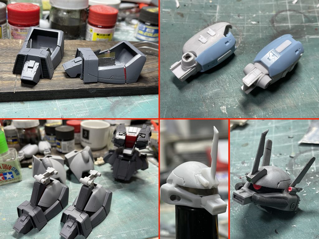 脚も分割し、長さ、幅ともにボリュームアップ。さらにつま先にはジェネレーター空冷のためのダクトフィンを箱組で新設。大出力化をイメージしました。太腿は何かのジャンクパーツがジャストフィットしたので接着し、追加装甲的なものとしてあります。 頭部、とにかくフェイスがへちゃむくれで男前じゃなかったので中身を全部くりぬいて口の部分もすべてスクラッチ。スタビ、スタビ基部センサー、アンテナも作り直し。モノアイレール部分もWAVEパンチで抜いた凹凸プラ板。縁取りを赤にしたけどほとんど見えない…。