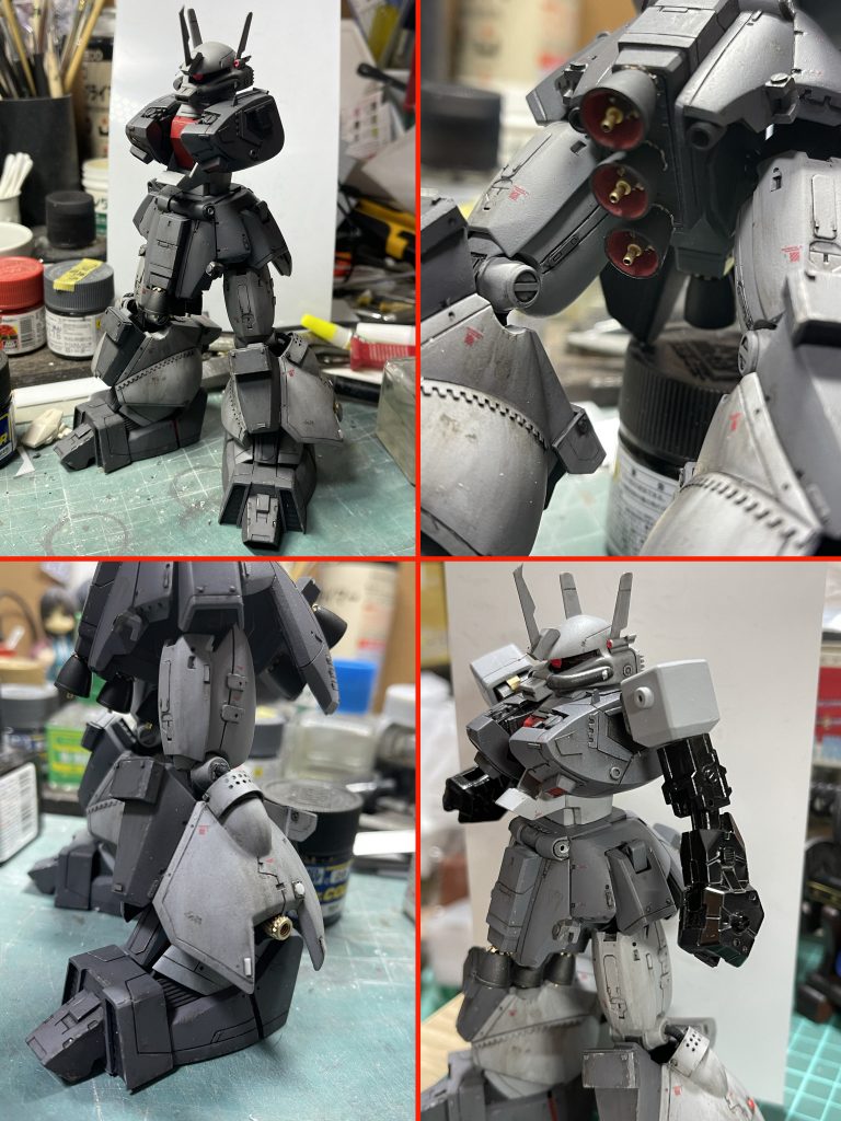 とりあえずここまで出来たパーツを仮組み。もう全高、ボリューム的に1/100サイズにまで達する感じに。バーニアもビルダーズではなく旧キットの物を使っています。縁を薄く削り、内外に金属部品を使って細密化。