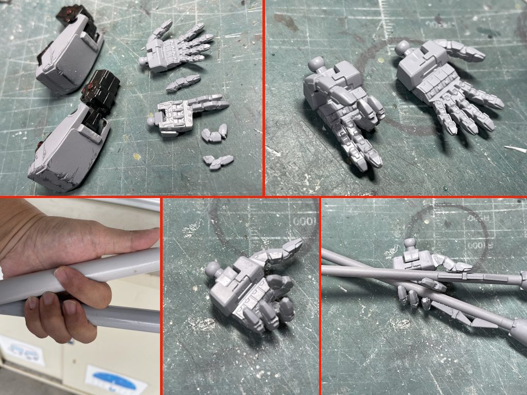 毎度のこだわりポイント、手指の工作。右手は例によって、ビームバズのトリガーに指を掛けずに添える状態に。重いトリガーを引くため人差し指と中指の二本で。さらに左手はパンツァーファウスト二本持ちがしたくて、全関節を切り離して再構成。自分の指を写真に撮ってモデルにするのは絵描きあるある。1/144のザクⅢですが、全体的にボリュームアップさせたためMSハンドは1/100サイズを使っています。手が大きいと力強さがマシマシになりますね。