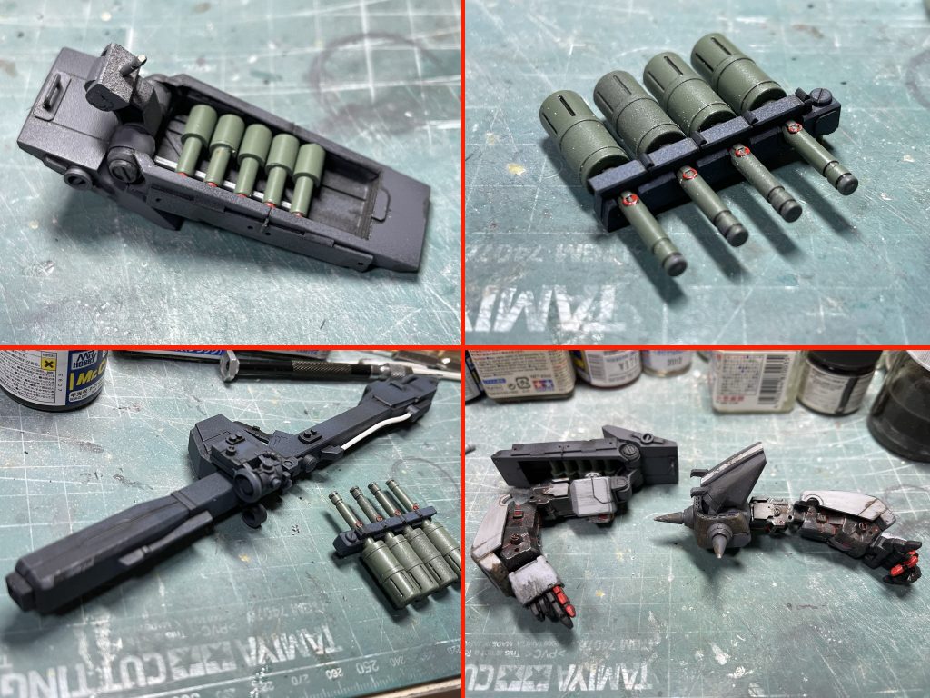 武装です。全身武器庫のイメージで、右肩シールド内には小型グレネード5発を収納。腰にはオリジナルのラックに大型グレネード4発。パンツァーファウストやグレネードなどの使い捨て投擲武器は、弾薬庫からまっさら下ろしたてのためウェザリングなどは無しで。 そして主兵装はジオン公国時代からの聖遺物(笑)ビームバズ。オラザク締め切りギリギリで、ビームバズのディテールアップまでこなせず、パイプを白いビニール配線に交換したぐらいになってしまいました。年代物なので、もっと傷だらけにしたほうが雰囲気出たかも。残念。 腕のフレームは30MMなどを切り刻んで制作。墨入れをあえて赤ですることによって、浮き出た血管をイメージする禍々しさに。これまた毎度の俺設定で、繊細なトルク設定が必要な人差し指は注意喚起のため赤色に。