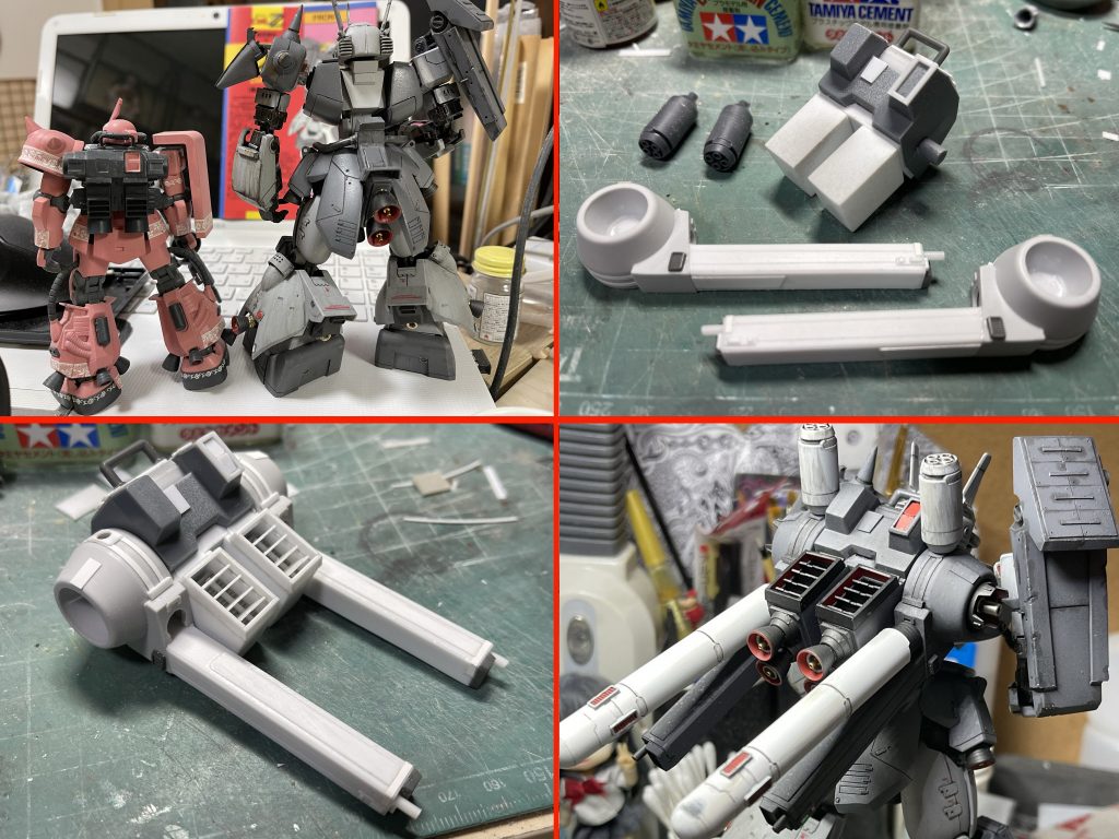 バックパック。 最後まで構想がまとまらず苦労しました。機体の設定を何度も読み直し、「ザクへのリスペクト」とあるので往年の名機・06R型のバックパックをオマージュとすることに。キットのバックパックをベースにプラ板箱組で大幅に変更。各所にR型のディテールを入れ、元々のザクⅢのデザインとニコイチな雰囲気で。両側には大型化したプロペラントタンクと、基部から回転するフレキシブルスラスター兼AMBAC用スタビライザー。横方向のスラスターも追加してあります。