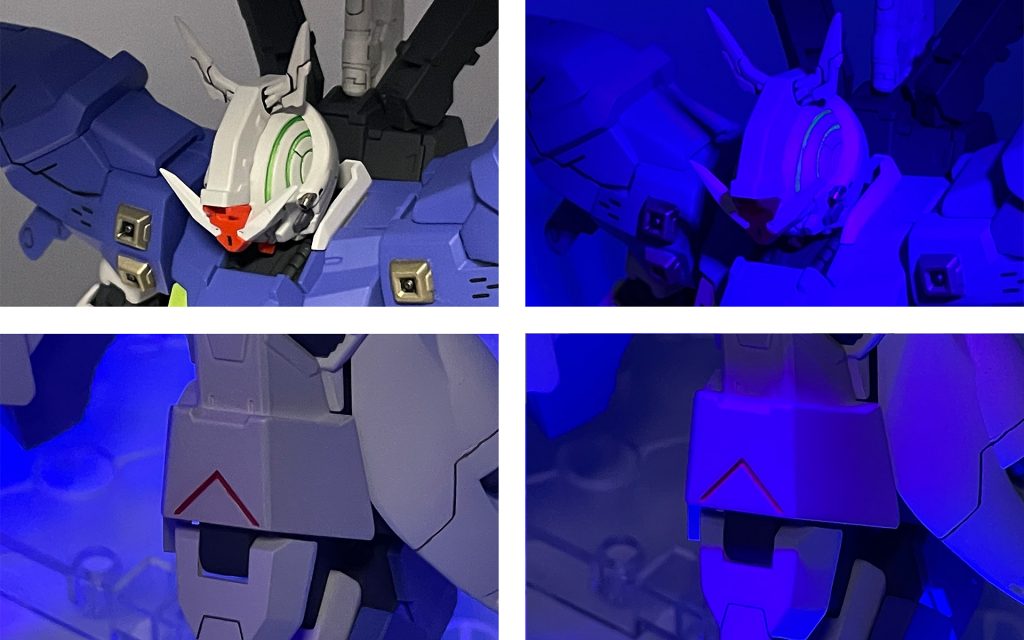 側頭部のラインと、すね部のカバーはUVライトで光ります。(肉眼だともっとハッキリと光っている様子が確認できます)