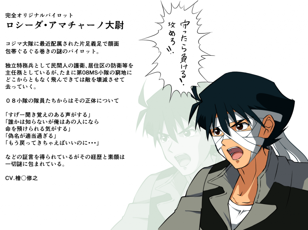 最初にREz8のカラーを見た時、「ふざけるなよ!こんな派手な色したMSでゲリラ戦なんかやれるか‼」とキレ散らかしたという。一応本機は市街地戦を想定した機体なのだが・・・。なお、彼はその後の任務で普通に本機を使って密林で敵部隊に奇襲をかけ敵機を全機撃破して帰還している。