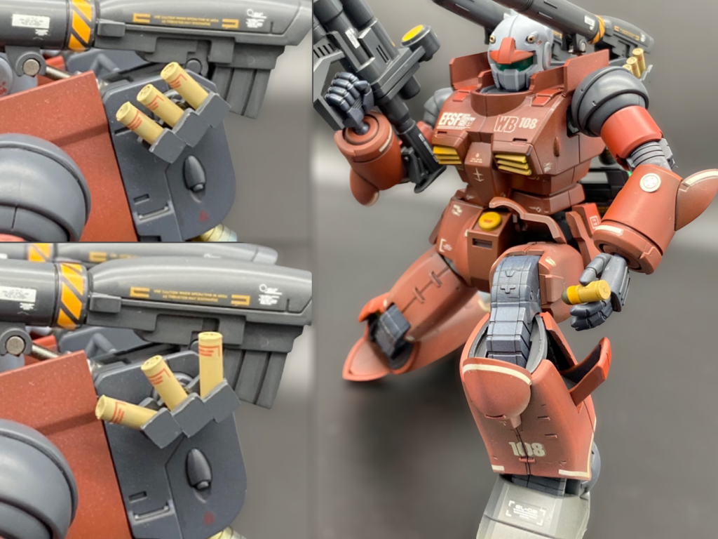 ガンタンクと同じお手製スモークディスチャージャーで共通感をアピール。宇宙に上がると無用になるので、バックパックに仕込んだ磁石での固定としました。追加したグレネードランチャーが1発では寂しいので、HGではハメ殺しの脚部ハンドグレネードラックを開口、予備弾を詰めました。