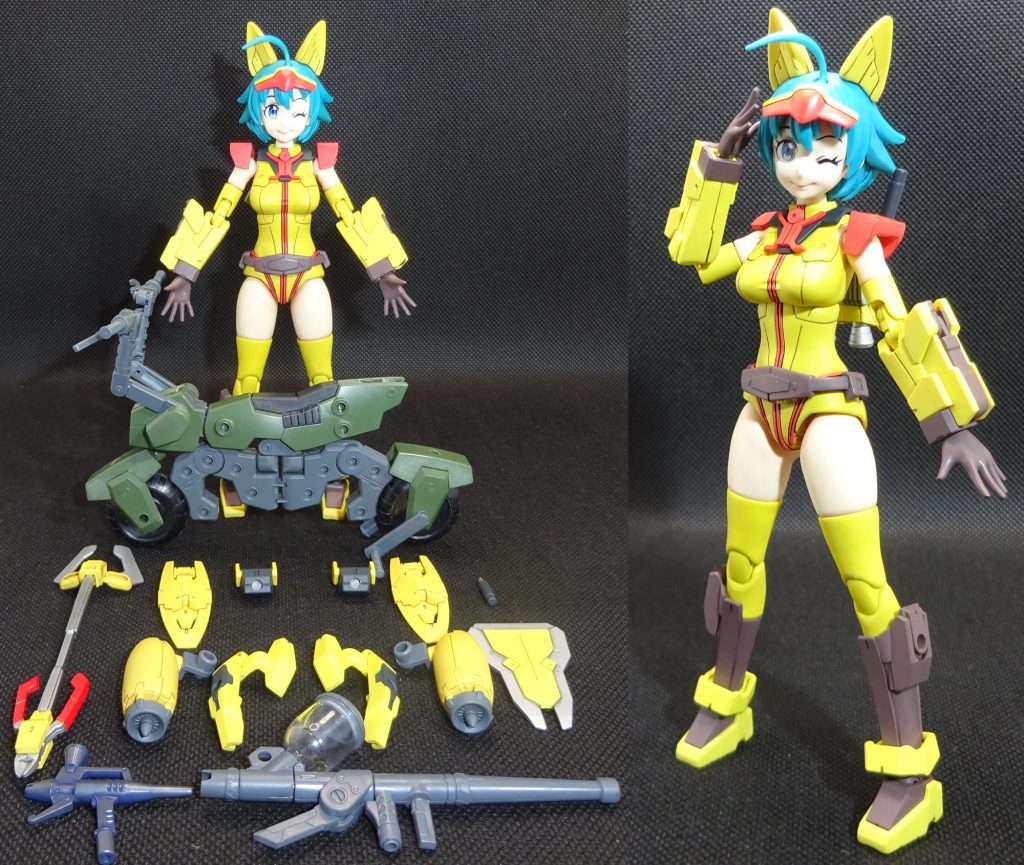 まずはダイバーナミの軽装バージョンと装備一式です　こちらの髪の毛とフェイスパーツは塗装しておらず瞳もステッカーです（　´∀｀）軽くメイクしてますがパチ組みです　ボディ色はMKｰⅡとの合体時に使う（服の布）部分だけ一段濃い黄色にして機械的なパーツは少し色味を抑えて塗装してます　赤いラインなどはマスキングしてエアブラシで塗装しましたが筆塗りすればよかったと後悔　今回マスキングが大変でした　ボディ色がマスキングテープの色にかなり近いのでどこまでテープ貼ったかが分かりにくく　隙間が空いているのに気付かず細かい部分に吹き込んでしまったケースが何度かありました　違う色のマステも欲しいね(*´д｀*)　あと肩アーマーなど黒い下地に黄色を塗る部分は工程が面倒っすね単純に面倒なマスキングが多かったですし　思ったよりヒケやパーティングラインが気になる部分が多く表面処理に時間がかかりました