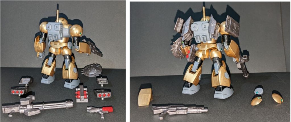 背面!!ビルドファイターズ無印の白モックにしようとも思ったんですが設定通りじゃ面白くないのと塗装難易度&塗料在庫の関係で金にした感じですね。