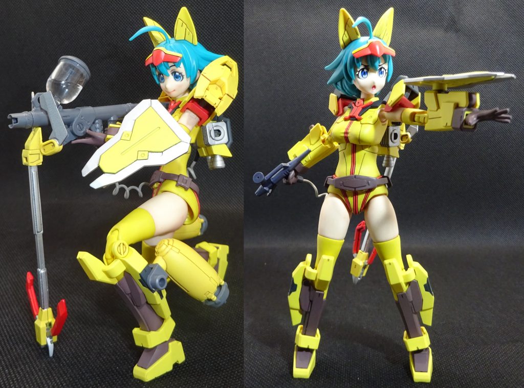 通常装備のナミさんとフルアーマーナミさんによる輝き撃ち？　ハイゴッグ製作で使ったポルタノヴァ水中仕様の使わなかった部分のパーツを肩と脚に装備してみました　ナミさんは肩とふくらはぎに3ミリ穴が空いているので拡張性がありますね　後はコトブキヤさんのMSGウォーターアームズのエアブラシを装備　ベストマッチですね　ナミさんにぴったり　ニッパージャベリンのH型の柄がグニャグニャなので半分に切って短くして＋型に組み合わせましたこちらもハイゴッグ製作時に使ったシエルノヴァのオプションの余りパーツをくっつけてみた