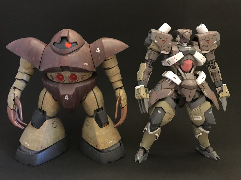 せっかくなのでご本人登場。昔作ったラッカー筆塗りゴッグです。筆の跡をうまく活かそうと練習してました。手前味噌ですが、なかなか渋くてかっこいい。(趣旨が違う)