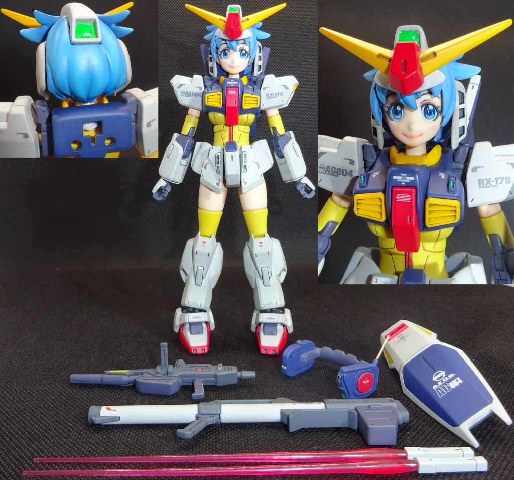 それではいよいよMKｰⅡと合体です　こちらの装備一式はただひたすら丁寧に作業して塗り分けました　ディティールは加えずむしろ腕のパネルラインなどは気に入らなかったので綺麗さっぱりディティールダウンして曲面を付けてます　また腕の💧型のモールドに丸味を持たせてます　部分的にｃ面を大きく取ってみたり　腰のサイドアーマーなどは延長して回り込むようにエッジを落として丸味を付けてます　また、つま先と踵をスリム化してみました　こちらも踵のｃ面を大きく取ってます　ナミさんの身体とのフィッティングと全体のバランスを最優先してますので小型化と曲面を大事にしました　髪の毛は緑味を抑えて水色でグラデーション塗装　メインカメラなどをクリアパーツで製作