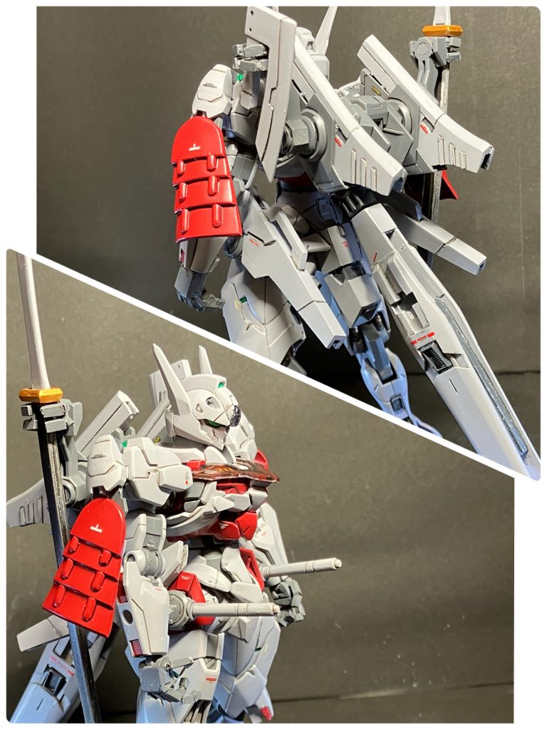 側面及び背面です。刀やサーベル位置、肩装甲等、和風具足を意識した作りにしています。