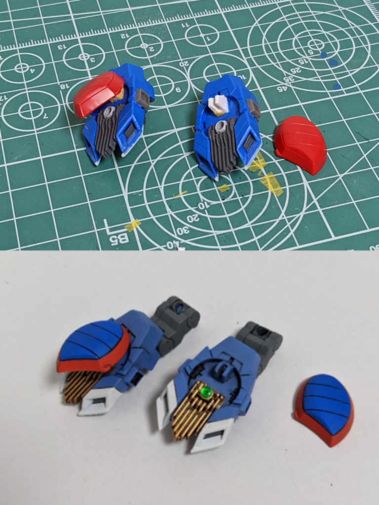 背部スラスターはダブルオーダイバーのGNドライブにシャイニングの脹脛のカバーを付け足しています。中身のグリーンのパーツはノンスケールサイトレンズです。カバーはシャイニングの特徴付けていると思えるので、こういう形でも付けられて良かったです。