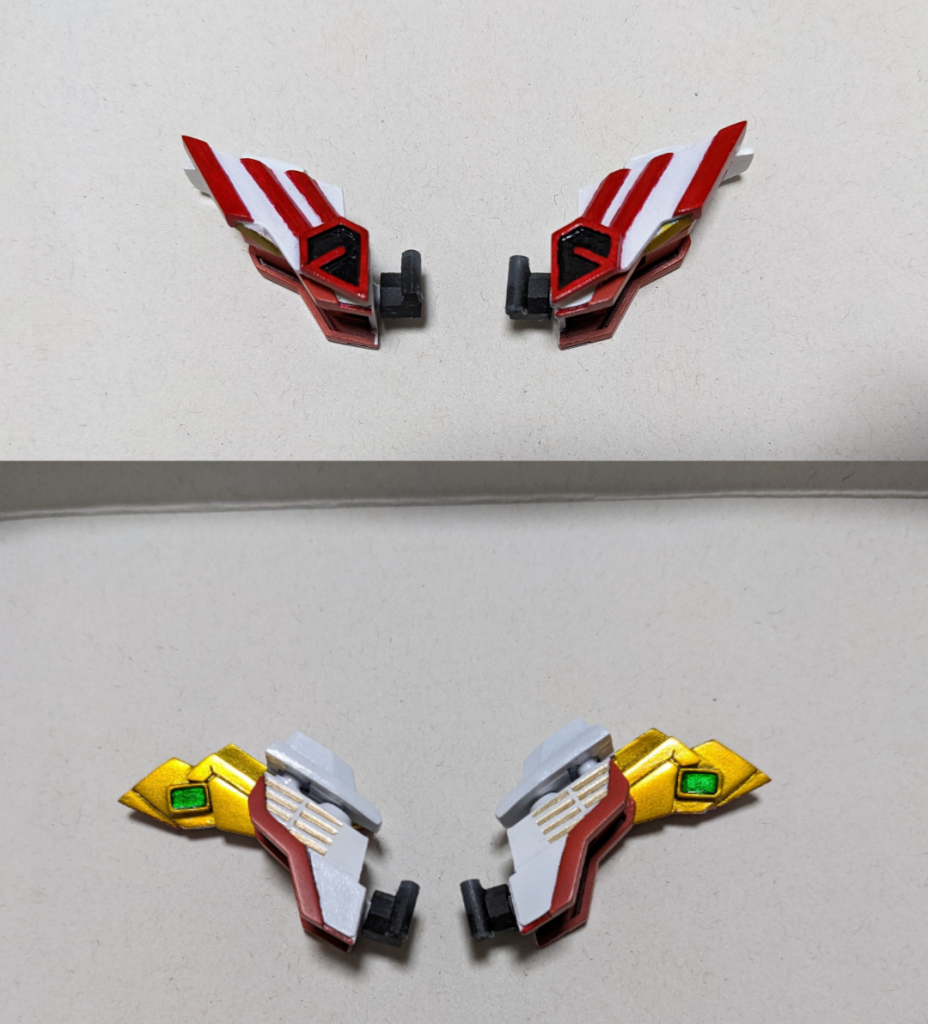 アーマーの白部分はマスキングして塗装。縁などの赤色部分は水性ホビーカラーのレッドで筆塗りしました。はみ出すたびにマジックリンで修整しなんとか塗りましたが、筆ムラがどうしても……今後の課題ですね。