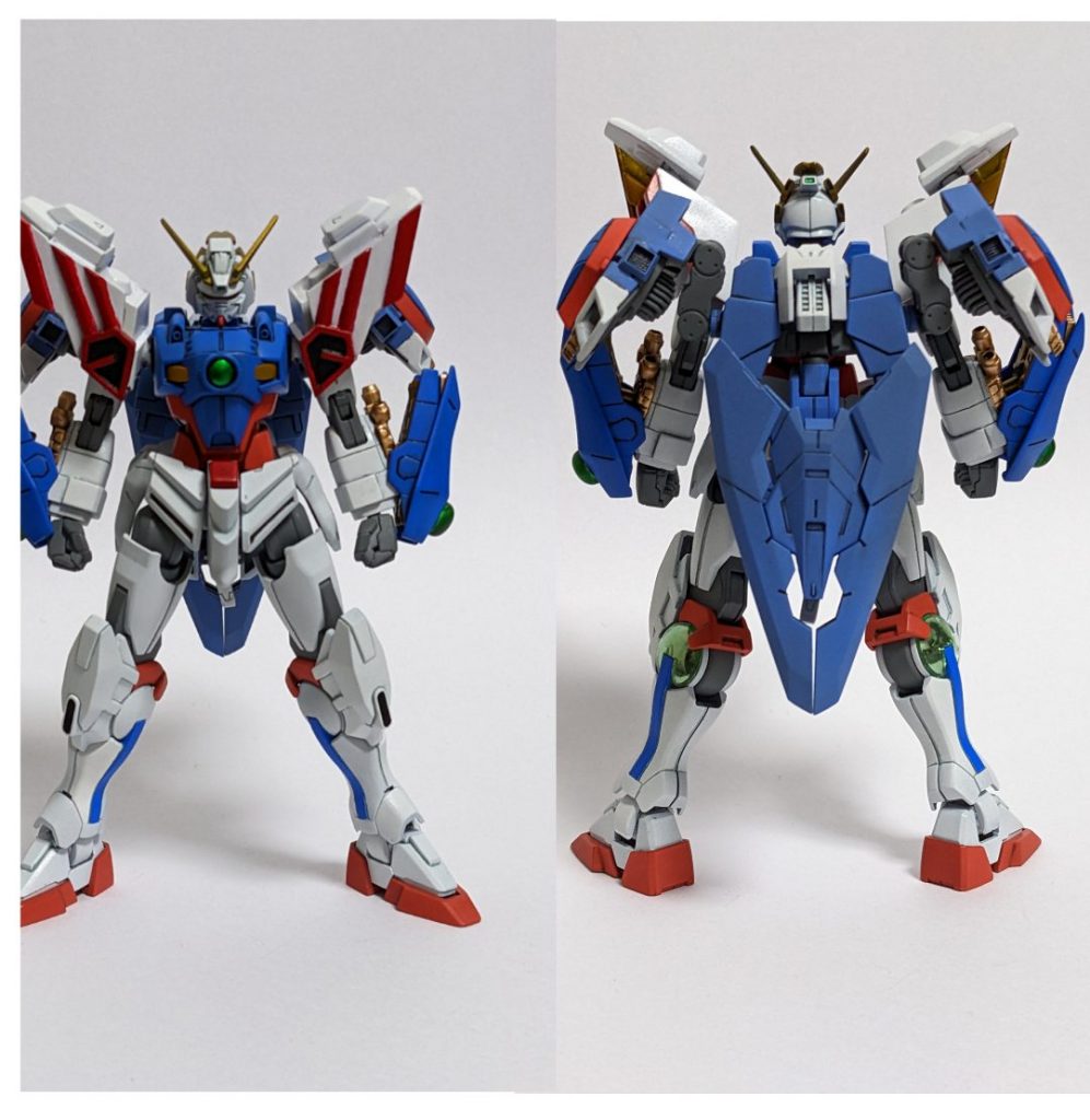 上半身はほぼシャイニングガンダム。頭部もキットのままです。下半身は可動域確保のため、ガンダムバエルの腰とダブルオーの脚に交換しています。腕には足にあったスラスターを付け足し、さらに格闘用の手甲を増設しています。背面はダブルオーダイバーのGNドライヴとトライスラッシュブレイドのミキシングで作ってます。塗装は黒サフで立ち上げ、ガイアカラーで塗っています。白:アルティメットホワイト、ボディ青:バーチャロンカラーアイスコバルトブルー、背面青:バーチャロンカラー蒼風、赤:ブライトレッド＋スカーレット、アンテナ等:スターブライトシルバーの上にヴィクトリーゴールドです。