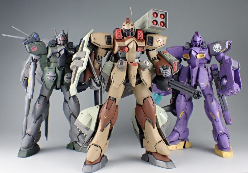 最初に作ったガンイージEタイプと3機合わせて。ガンイージのミッションパック装備、面白いのでまだまだ続けます。VタイプやIタイプなどもやりたいですね。