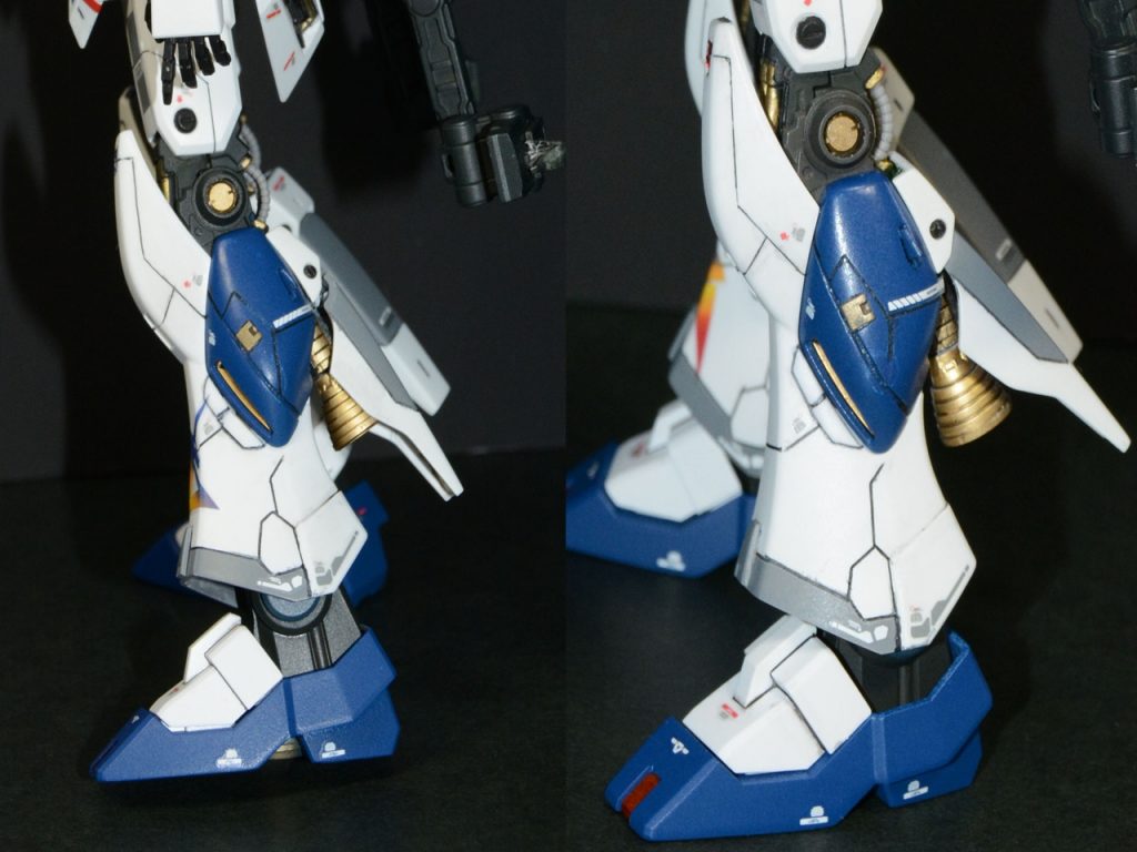 足のカバーはボールジョイントで稼働してブースターが見えるように動きます。ここも結構ポロリするので動かすのが怖い。膝の穴はハイキューさんのメタルなのでキットと同額の部品になります。