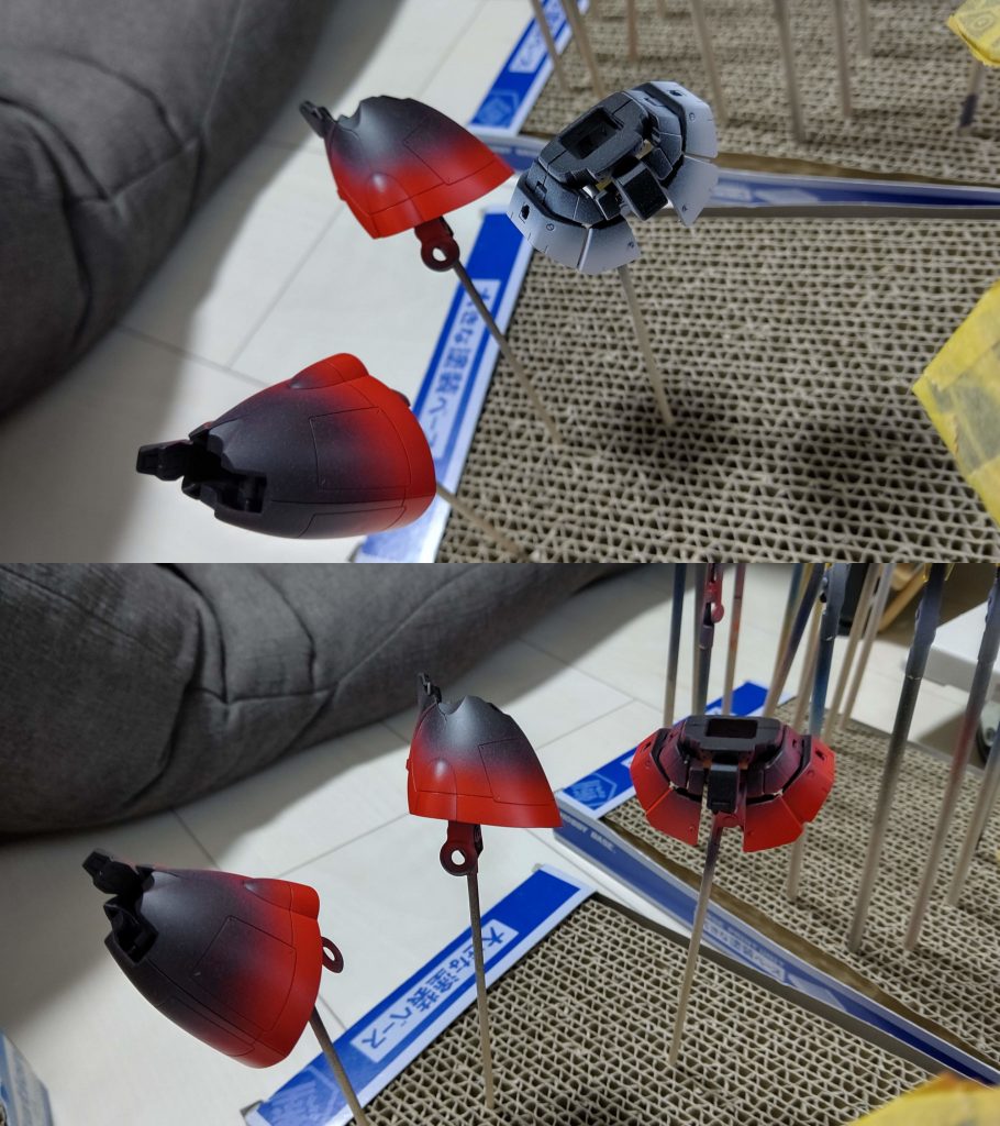 迷彩塗装はいったん黒で全塗りしたあと一部を白で塗装。その上から赤を塗装し、ドット迷彩用のマスキングをして再度黒塗装、という流れです(後半の工程写真忘れた…)