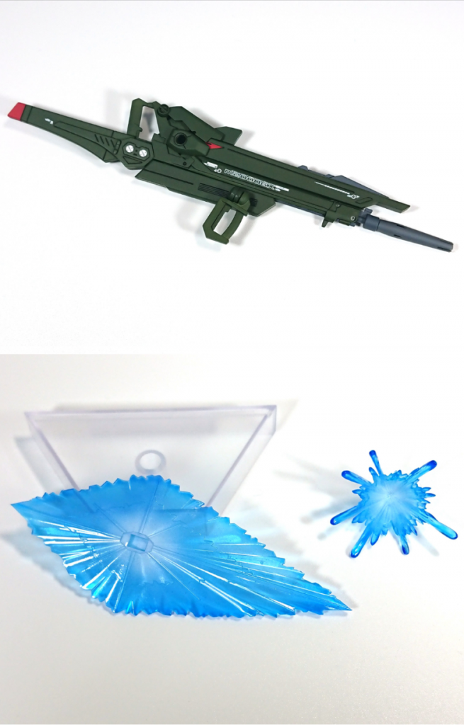 長距離ビームライフル ガルム/エフェクトデスティニーのビーム砲とシナンジュのビームライフルのミキシングでロングレンジライフルを制作しました。ビームエフェクトはクリアブルーとホワイトでグラデーション塗装しています。