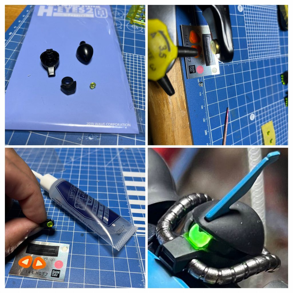 モノアイ部分はシールをクリアパーツに変更。パンチャーでステッカーのシルバー部分を切り抜いて裏打ちしてます。クリア部分もそこそこカットしたのですが、ちょっと大き過ぎたかもです^_^;