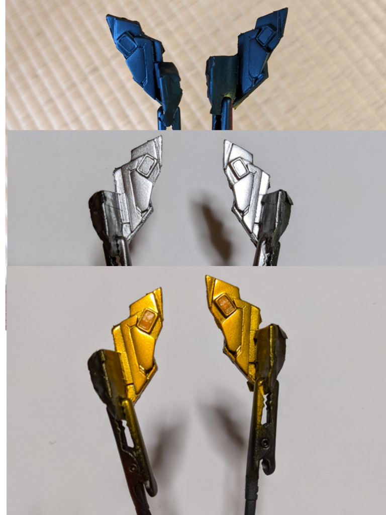 一番力を入れたのは肩の展開アーマーでした。塗装は本体同様黒立ち上げで、シルバー、ゴールドの順で塗装しました。使用したヴィクトリーゴールドは黒下地のままだと上手く発色しないので、銀を下に敷くといい感じにゴールデンになってすれました。