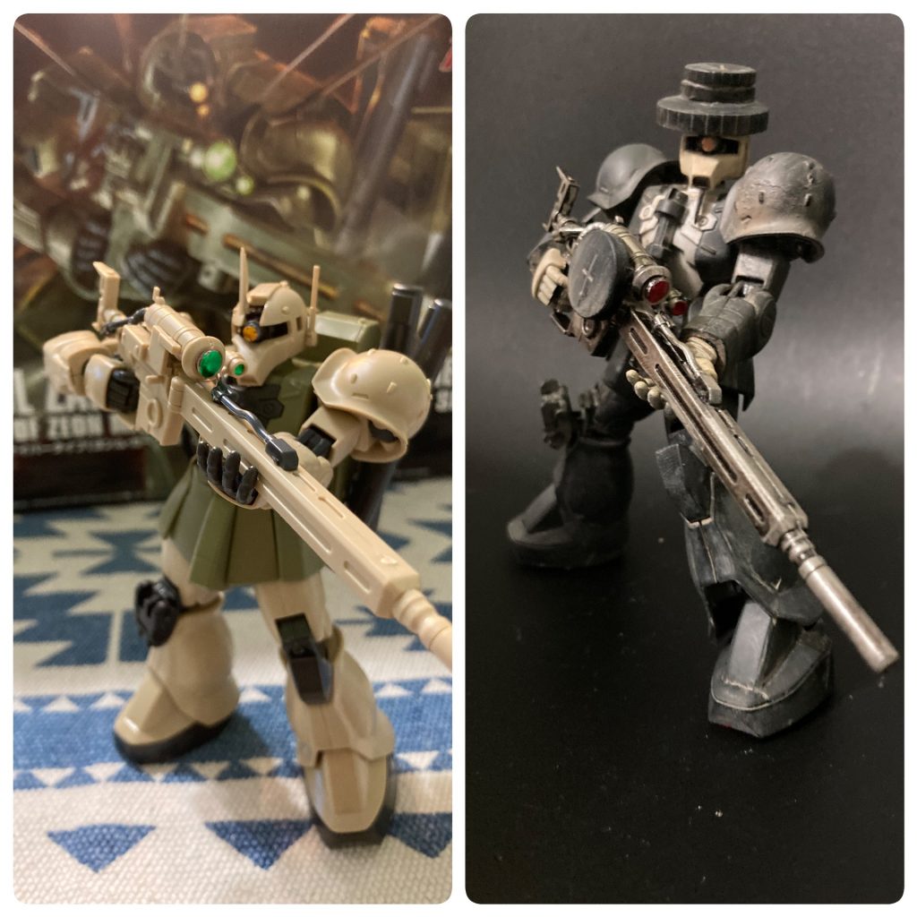 今回、ジゲンらしい機体のHGザクIスナイパータイプで世界観を目指してみました^ ^