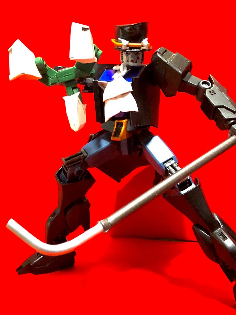 龍爪拳はオプション兵装に。アームドアーマーDN(Dragon nail)という所でしょうか。元キットのνガンダムの腰パーツ、フロントアーマーとリアアーマーを加工して爪状にしています以下エフェクト加工により