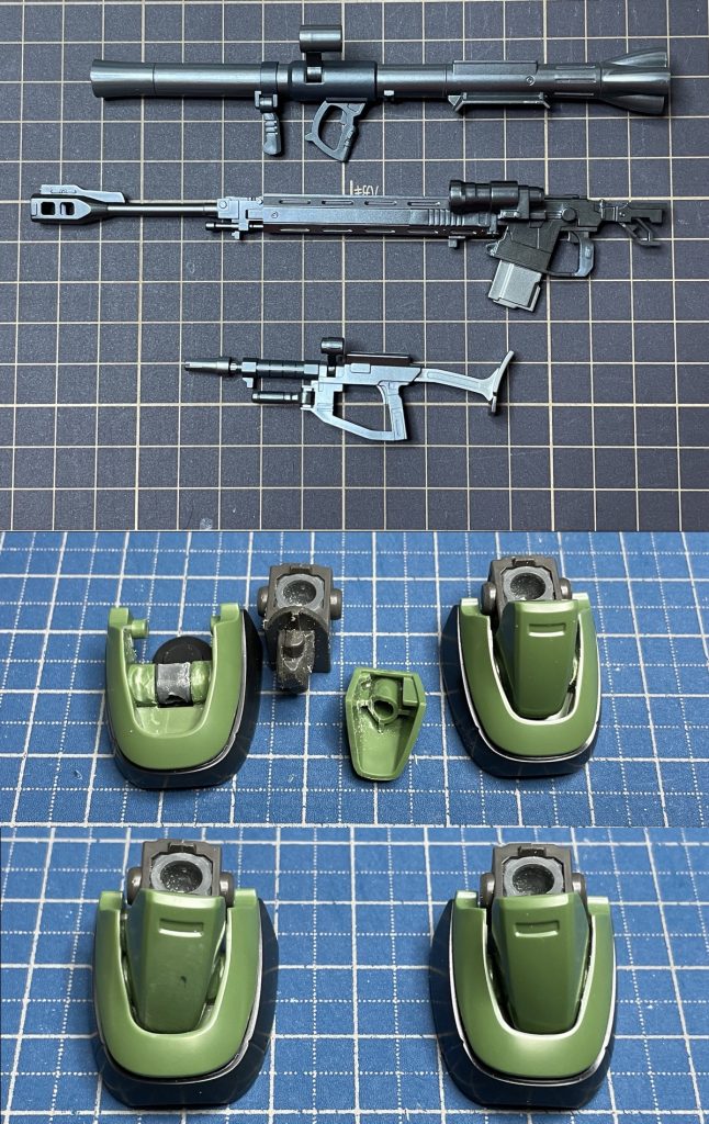 HGGO1/144 ザクⅡ C6(1)マシンガン、対艦ライフル、バズーカ塗装、センサー部に市販パーツ追加足の甲を可動にカスタマイズ 干渉部位をガッツリ切削したので 勘合が、ユルユルです。