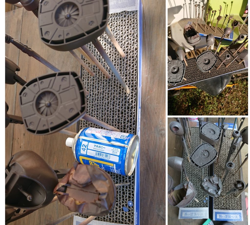 ①サビ色を塗る  後に表面を剥がした際のサビ色を予め塗っておくようです。マホガニー色を推奨されていましたが、サビは一色ではありません。ここぞとばかり、余っていた缶スプレーを使うことができました！(缶の在庫が減り満足)