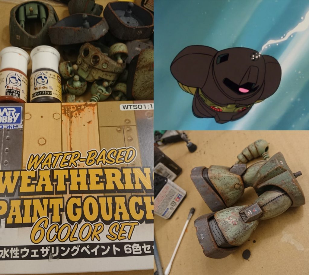 その後、水性塗料で塗ったくったり... スポンジポンポンしたり... 飽きて寝たり...艶消しスプレーを吹いたり...潮筋潮筋を独り言を言ったり...飽きて寝たり...タミヤパウダーを擦りすりしたり...嫌にって投げだしたり...寝たり... アニメで動きを確認しつつ...熟睡したり...突然起きて艶消し吹いたり...夜な夜な使用感を増し、ポンコツ具合を加えていきました...