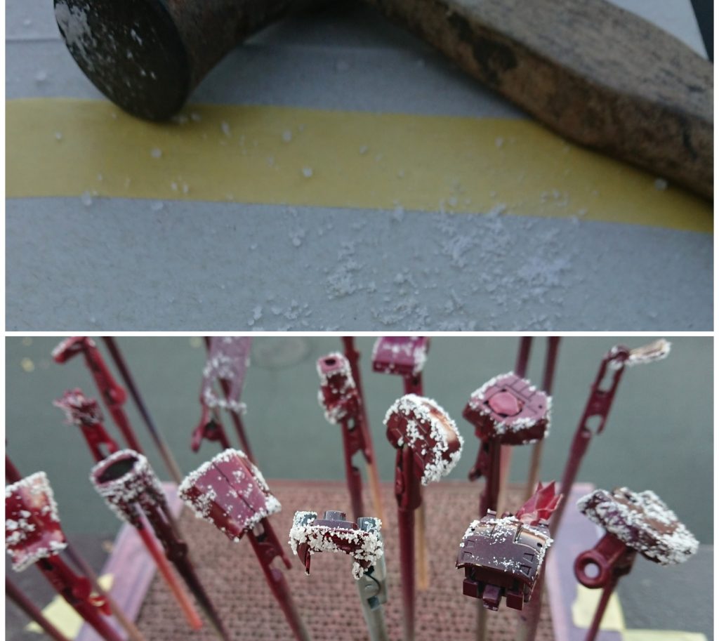 ③塩漬け (今回は塩をガリガリ削った後でハンマーで塩を強打しました。他人からは狂気の沙汰に見えたでしょうw)④乾燥タイム (干物は天日干しが旨いと言いますので、このザクも天日干しをしました)