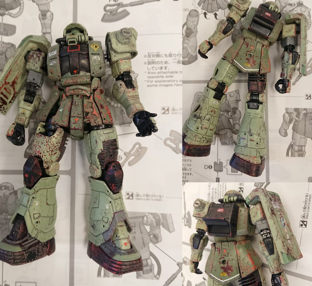 イメージより表面が剥がれ過ぎてしまった箇所が多発したため、もう面倒くさくなり露出アメリカザリガニ色はそのままに上塗り塗装を施しました(塩加工が無駄に...)⑦シール貼りと表面保護付属のデカールを貼ると「お前！ドアンだろっ！」と特定されてしまいますので(謎)、在庫シール消耗に命をかけます。乾燥後、表面保護のため無駄に艶消しスプレーも消費いたしまーす。⑧ポンコツ加工サビ具合は塩ゴッグよりお上品にしたつもりでしたが、やはり塩加工はサビ具合を自分でコントロールできないことに苛立ちを覚えます。結局のところ、小粒の塩でも18m級兵器にしては大袈裟なサビに見えると思いました...