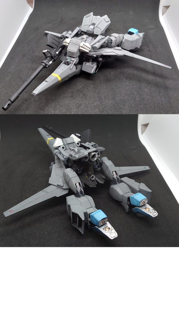 お待ちかねの変形です。足を左右に引き出す機構は腰ではなく足の方で股関節パーツを2つ重ねて取り付けることでほぼ無改造で実現しています。その分足の長さも長くなるので短足なMSであればスマートな印象になるおすすめの改造です。スカート内部には取付けられるだけバーニアを取り付けています。