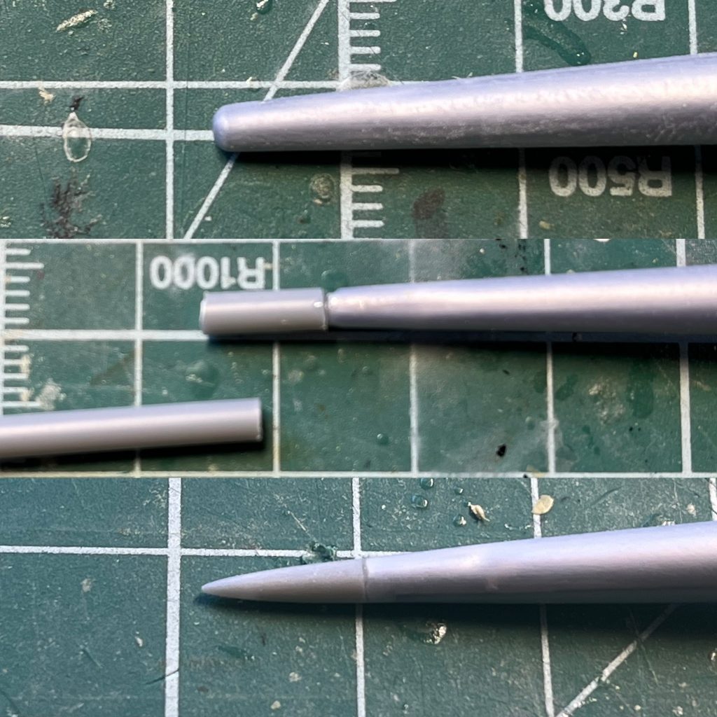 槍の先端はプラ棒を繋ぎ削って尖らせました。