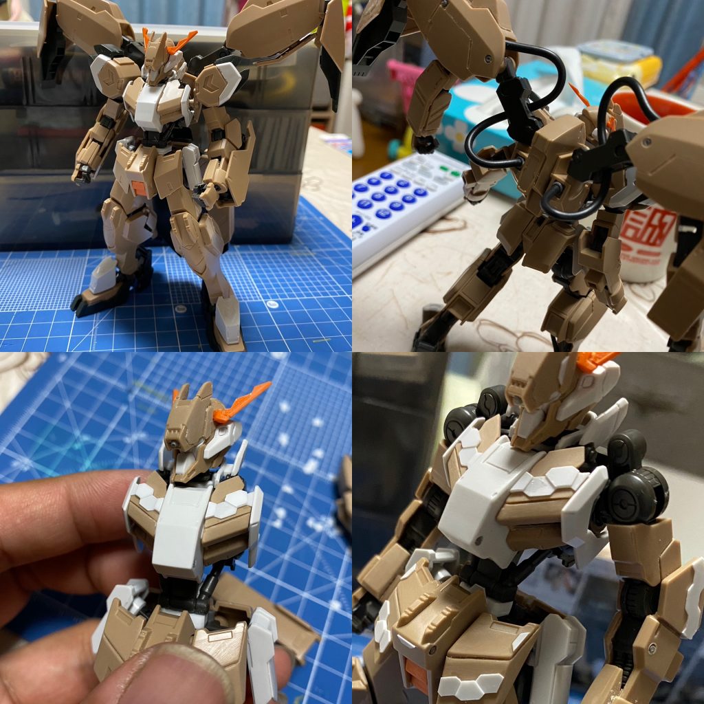 サブアームに表情付けたくてジャンクのバエルから部品を持ってきてみたり、パイプを繋いでみたり、プラ板を貼ってみたり、肩が壊れたのでジャンクから肩のフレームを引っ張ってきてみたり。