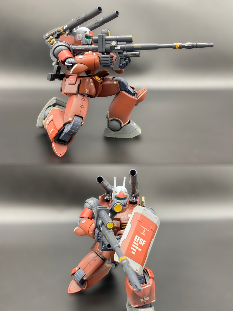 スナイパーライフルを持ったからには膝立ちの狙撃姿勢は最重要ポーズ。ストックを肩につけて構えられるようグリップ位置を修正し、手首の可動域も気持ち広げて自然な構えに。制作前は脚部可動域を調整する気満々だったのですが、無改造で完璧な膝立ちができたので、下半身は腰部フロントアーマーを左右分割稼働にしただけです。初期型のシールドは使用しないつもりだったのですが、足を止めての狙撃中にボディを守るのにちょうど良いサイズなので、採用しました。