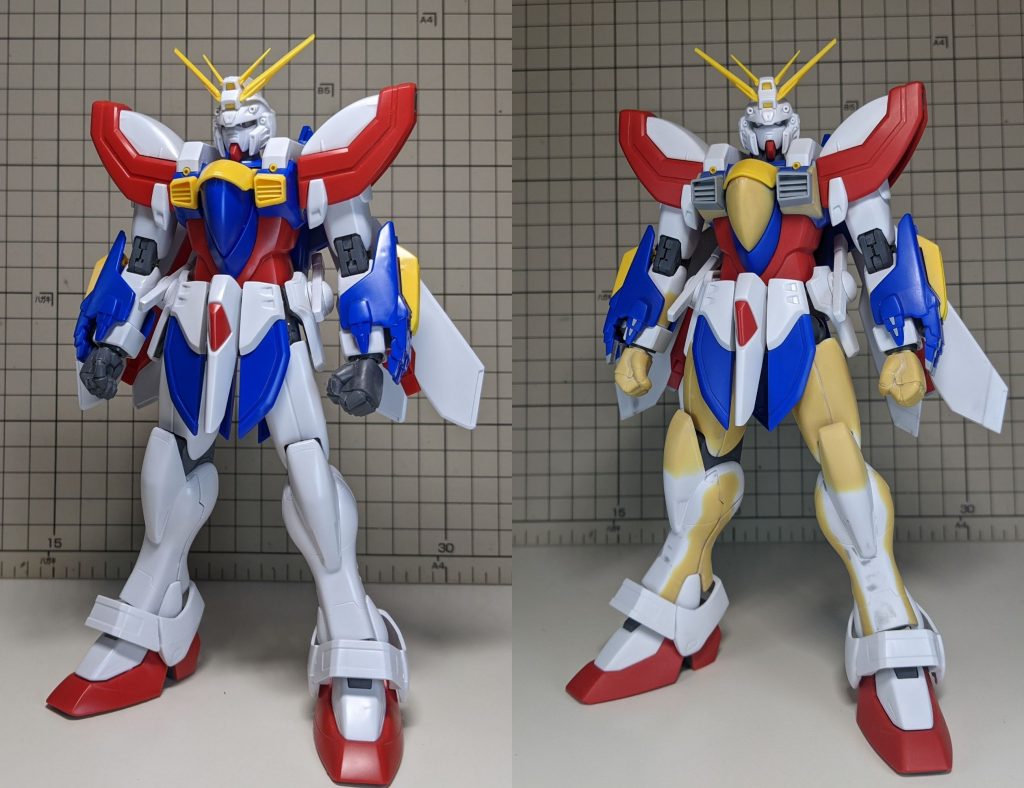 改修前(左)と改修後(右)です。改修点はさまざまですが、特に下半身のボリュームアップと胸部が幅増しされているのが見て取れます。ちなみに握り手はエポキシパテを削り出して作りました。