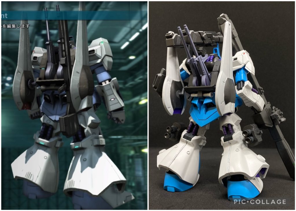 バトオペ2の画面と比較こう見ると色がかなり明るいです最初はホビー･ハイザックみたいなカラーリングに見えてしまい、失敗した感が否めなかったのですが、今となっては画面内のものよりガンプラで立体化させた配色の方がが好きになりました😊この方が色合いがハッキリとしてより良くなった気がします⸜(* ॑꒳ ॑* )⸝ちなみに自分のパーソナルカラーは過去のラスガンシリーズを見ればわかりやすいですが、｢白｣｢青｣｢紫｣と決めていますこのリック･ディアスはその3色をパーソナルカラーとして決めたきっかけの機体なのでかなり思い入れがありますそして装飾についてですが、過去作のケンプファーの時と同じようにバトオペのディテールを参考にスジボリやプラ板を施していますそこから今回はさらにプラスしてオリジナルでプラ板を貼ったりスジボリを追加したりしましたバトオペをやっていてもそうでなくても、もしもガンプラ作りの時にスジボリやプラ板装飾で困った時はバトオペの機体を参考にしてみるのをオススメします(  ¯꒳¯ )ｂ✧真似してみるだけでもかなりカッコよくなると思います！1からやるのはかなり大変だと思うのでまずはこういうところから取り入れていくのもいいと思いますよ😁