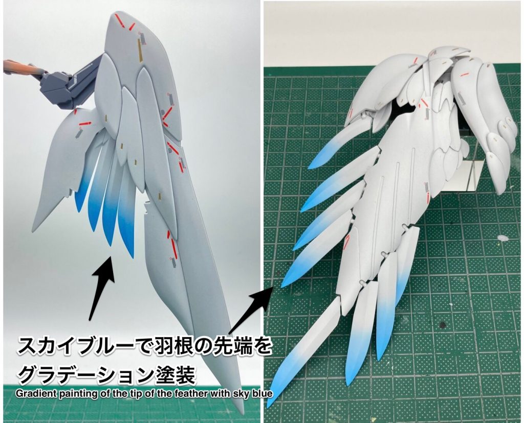 2つ目は羽根の先端をスカイブルーでグラデーション塗装をしています！羽根の先端をグラデーション塗装することは一度やってみたかった手法だったので、今回はスノーホワイト風と合わせてみました。